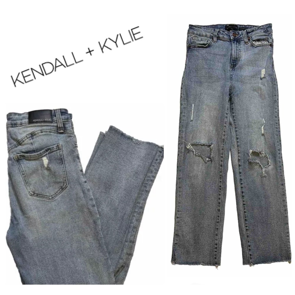 Kendall Kylie Jeans Women's 7/28 Blue Denim Iconic High Rise Straight Distressed